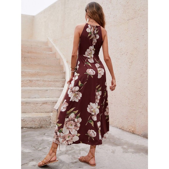 Boho Floral Print Halter Neck Thigh Slit Midi Dress black pink - Picture 10 of 10